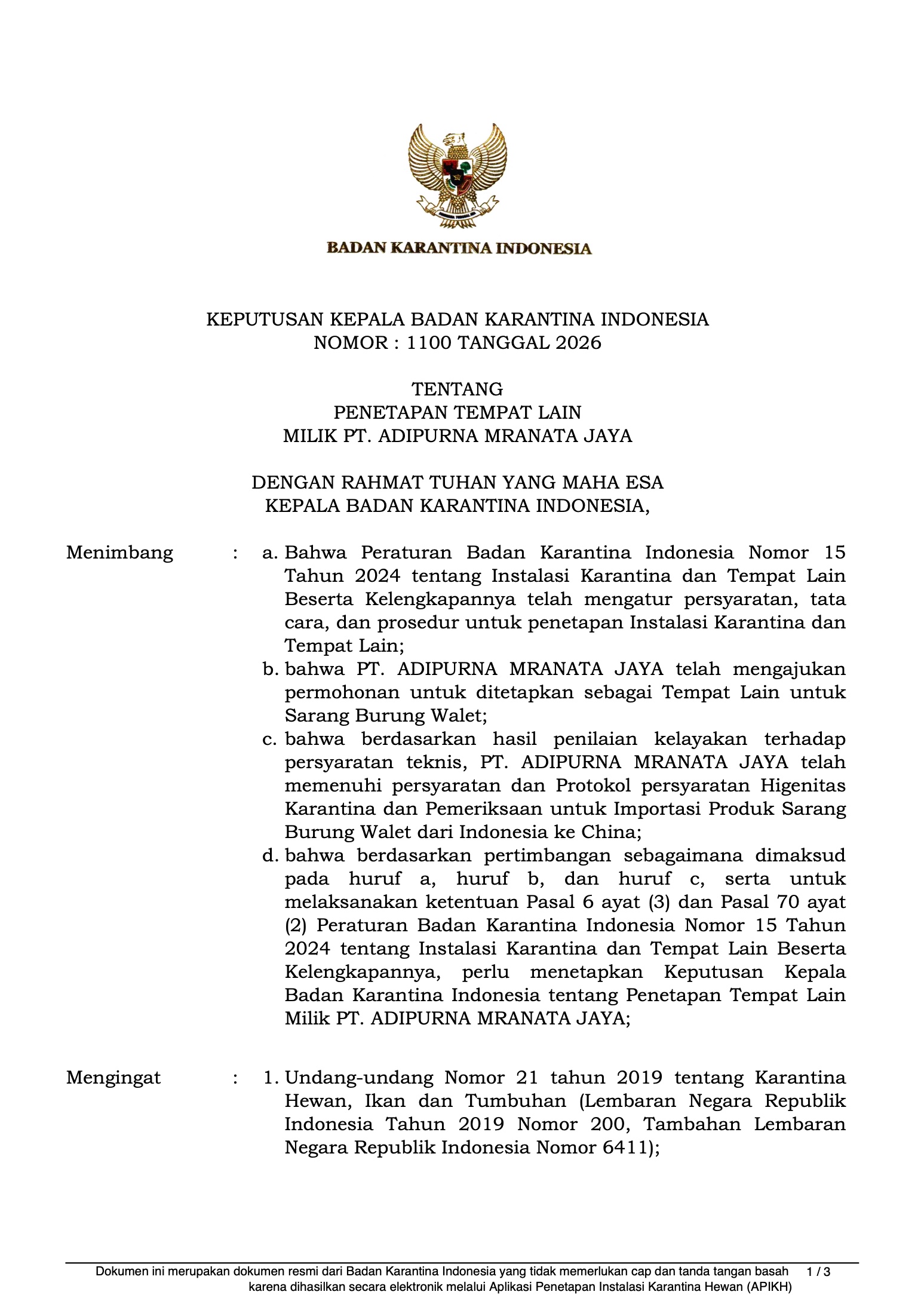Badan Karantina decree — page 1