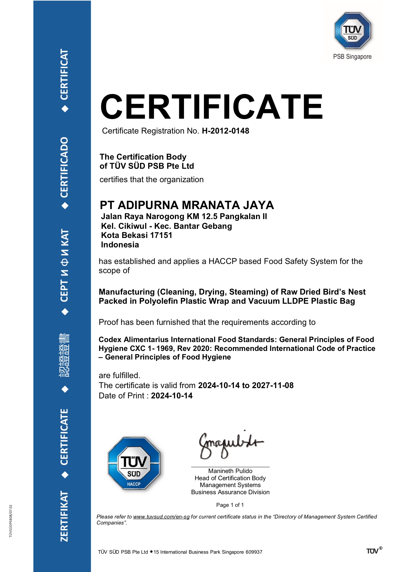 TÜV HACCP certificate